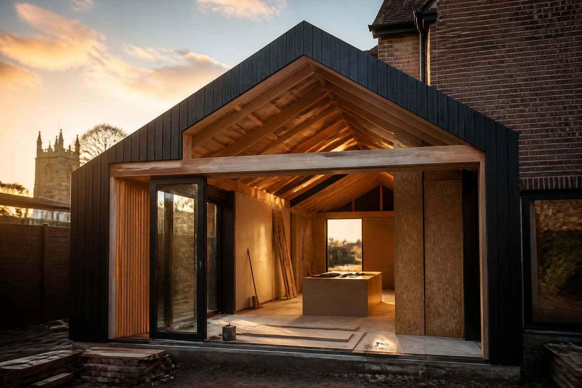 Timber-framed house extension under construction at golden hour
